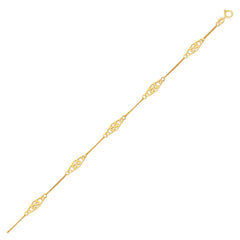 14k Yellow Gold Anklet with Fancy Diamond Shape Filigree Stations